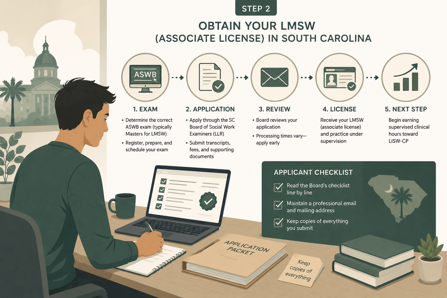 Illustration for Step 2: LMSW associate licensure, ASWB exam, and South Carolina Board application process